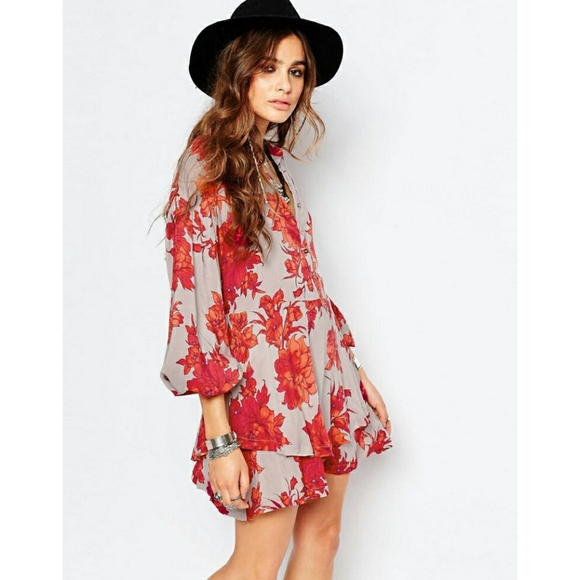 New FREE PEOPLE Floral Double-hem Mini Shirt Dress - Picture 2 of 7